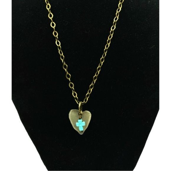 Artisan Light Green Sea Glass Concave Heart Pendant with Turquoise Cross Charm - Picture 1 of 12